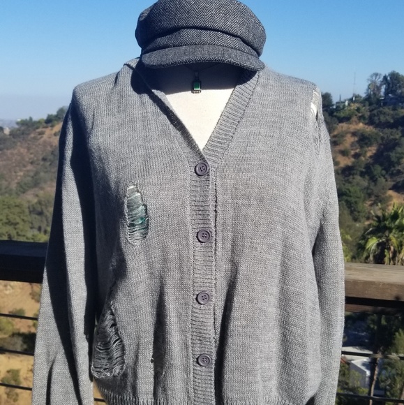 Distressed grey cardigan sweater - Picture 1 of 8
